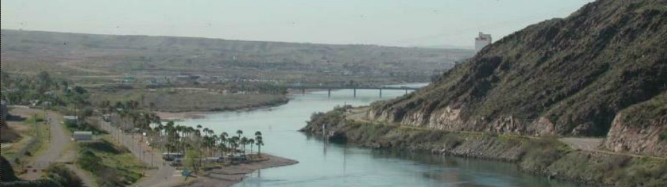 Photograph of an Arizona desert scene with a river; palm trees and roadways in the foreground; a bridge in the mid-ground; hills and sky in the background; used with permission of the photographer