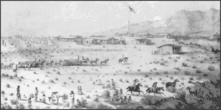 Black and white sketch of historic Fort Mohave from the late 1800s. Desert scene with mounted horsemen; mid-ground shows small buildings and a flagpole with flag; mountains in the background. Used with permission courtesy of Arizona Department of Library Archives and Public Records, Phoenix.